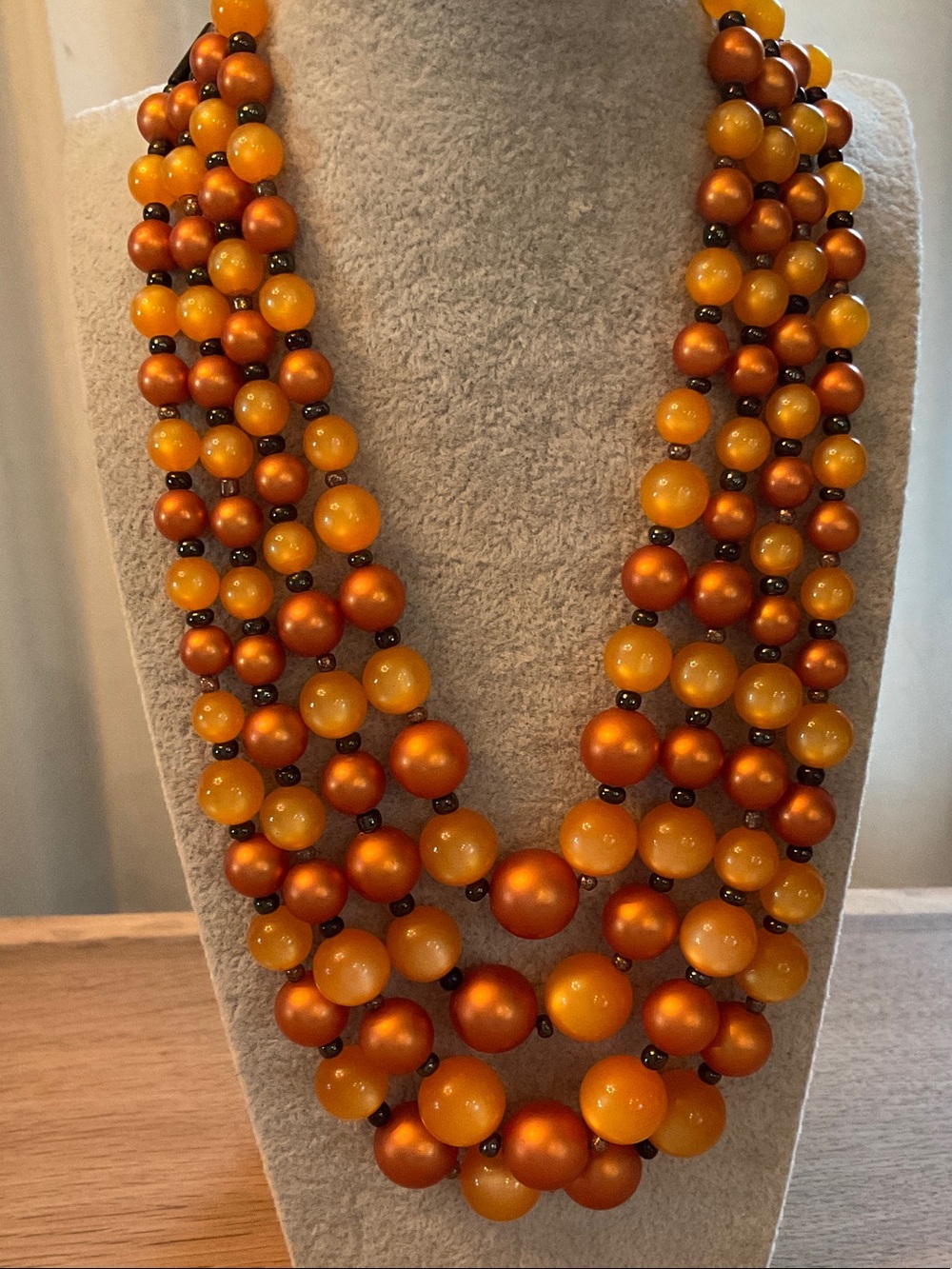 Vintage Multi-Strand Moonglow Lucite Graduated Beaded Necklace Orange